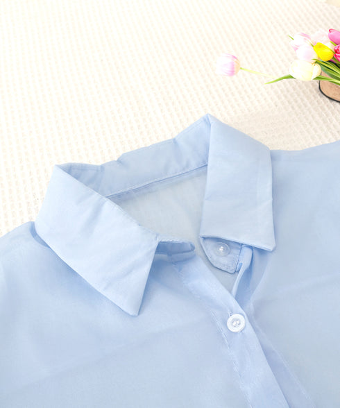 シャツブラウス 夏服 サマーカーディガン 透け感シャツ ゆったり シアーカーディガン 体型カバー 長袖 シフォンブラウス 袖口リボン 羽織り 韓国風 無地トップス 77LPW-002