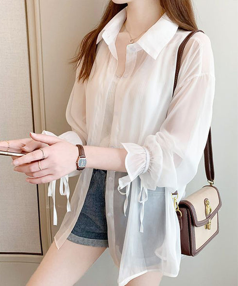 シャツブラウス 夏服 サマーカーディガン 透け感シャツ ゆったり シアーカーディガン 体型カバー 長袖 シフォンブラウス 袖口リボン 羽織り 韓国風 無地トップス 77LPW-002