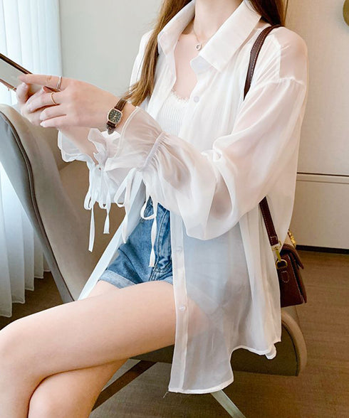 シャツブラウス 夏服 サマーカーディガン 透け感シャツ ゆったり シアーカーディガン 体型カバー 長袖 シフォンブラウス 袖口リボン 羽織り 韓国風 無地トップス 77LPW-002