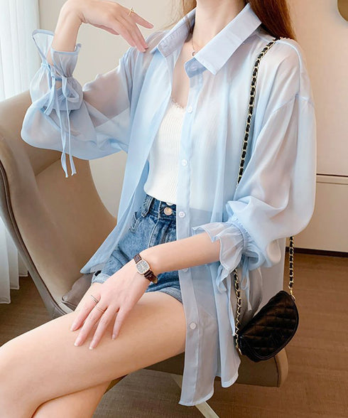シャツブラウス 夏服 サマーカーディガン 透け感シャツ ゆったり シアーカーディガン 体型カバー 長袖 シフォンブラウス 袖口リボン 羽織り 韓国風 無地トップス 77LPW-002