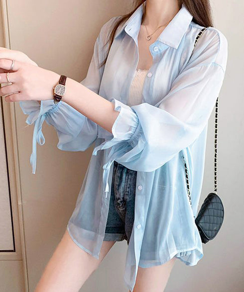 シャツブラウス 夏服 サマーカーディガン 透け感シャツ ゆったり シアーカーディガン 体型カバー 長袖 シフォンブラウス 袖口リボン 羽織り 韓国風 無地トップス 77LPW-002