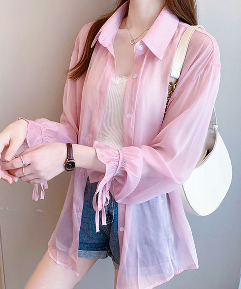 シャツブラウス 夏服 サマーカーディガン 透け感シャツ ゆったり シアーカーディガン 体型カバー 長袖 シフォンブラウス 袖口リボン 羽織り 韓国風 無地トップス 77LPW-002
