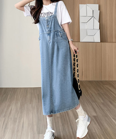 サロペット デニムワンピース 体型カバー オールインワン スリット入り ゆったり オーバーオール 韓国風 ロングワンピース ポケット付き 大人カジュアル服 重ね着 77LPW-003