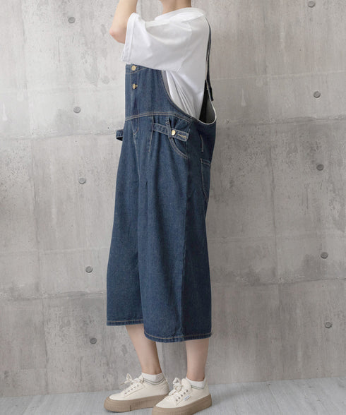 サロペット デニムワンピース 体型カバー オールインワン スリット入り ゆったり オーバーオール 韓国風 ロングワンピース ポケット付き 大人カジュアル服 重ね着 77LPW-003