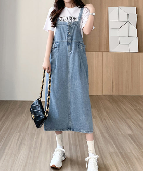 サロペット デニムワンピース 体型カバー オールインワン スリット入り ゆったり オーバーオール 韓国風 ロングワンピース ポケット付き 大人カジュアル服 重ね着 77LPW-003