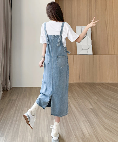 サロペット デニムワンピース 体型カバー オールインワン スリット入り ゆったり オーバーオール 韓国風 ロングワンピース ポケット付き 大人カジュアル服 重ね着 77LPW-003