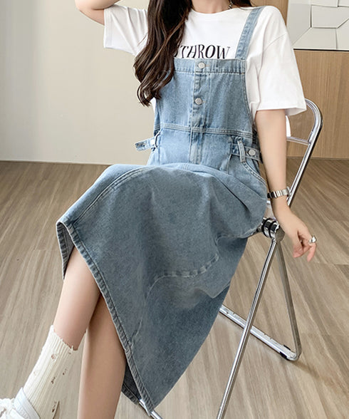 サロペット デニムワンピース 体型カバー オールインワン スリット入り ゆったり オーバーオール 韓国風 ロングワンピース ポケット付き 大人カジュアル服 重ね着 77LPW-003