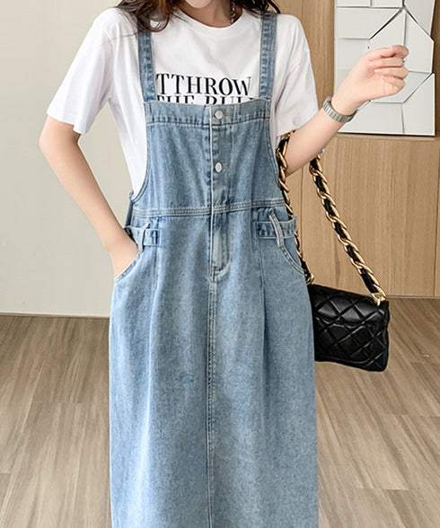 サロペット デニムワンピース 体型カバー オールインワン スリット入り ゆったり オーバーオール 韓国風 ロングワンピース ポケット付き 大人カジュアル服 重ね着 77LPW-003