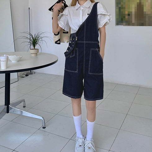 サロペットデニム レディース カジュアル オールインワン 無地 デニムパンツ ゆったり ショーパンサロペット 体型カバー オーバーオール 77MHAN-001