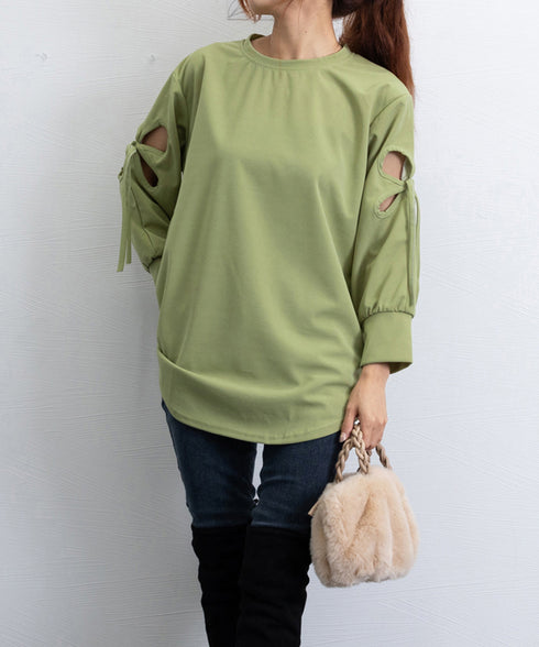 Tシャツカットソー ゆったりトップス レディース 体型カバー ロングTシャツ クルーネック 春秋 カジュアル プルオーバー 無地 大人可愛い ロンティー 77MIYAGE-001