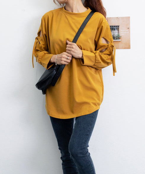 Tシャツカットソー ゆったりトップス レディース 体型カバー ロングTシャツ クルーネック 春秋 カジュアル プルオーバー 無地 大人可愛い ロンティー 77MIYAGE-001