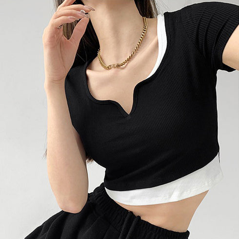 ショート丈トップス へそ出し Tシャツ カットソー レディース セクシー 肌見せ ダンス衣装 着回し 韓国ファッション レイヤード風 77MLIN-001