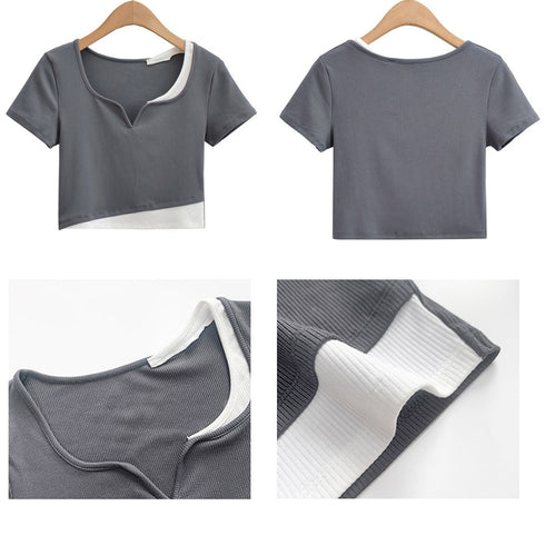 ショート丈トップス へそ出し Tシャツ カットソー レディース セクシー 肌見せ ダンス衣装 着回し 韓国ファッション レイヤード風 77MLIN-001