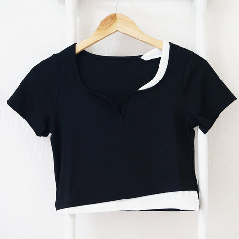 ショート丈トップス へそ出し Tシャツ カットソー レディース セクシー 肌見せ ダンス衣装 着回し 韓国ファッション レイヤード風 77MLIN-001