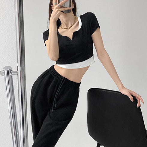 ショート丈トップス へそ出し Tシャツ カットソー レディース セクシー 肌見せ ダンス衣装 着回し 韓国ファッション レイヤード風 77MLIN-001