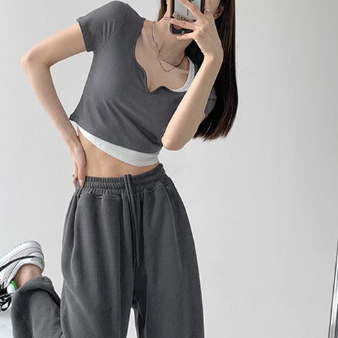 ショート丈トップス へそ出し Tシャツ カットソー レディース セクシー 肌見せ ダンス衣装 着回し 韓国ファッション レイヤード風 77MLIN-001