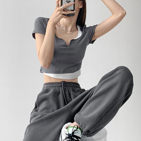 ショート丈トップス へそ出し Tシャツ カットソー レディース セクシー 肌見せ ダンス衣装 着回し 韓国ファッション レイヤード風 77MLIN-001