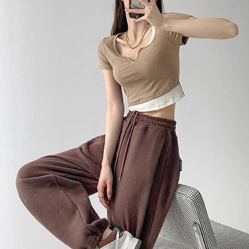 ショート丈トップス へそ出し Tシャツ カットソー レディース セクシー 肌見せ ダンス衣装 着回し 韓国ファッション レイヤード風 77MLIN-001