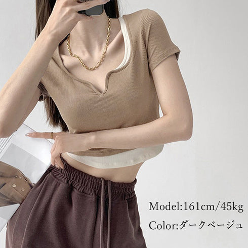 ショート丈トップス へそ出し Tシャツ カットソー レディース セクシー 肌見せ ダンス衣装 着回し 韓国ファッション レイヤード風 77MLIN-001