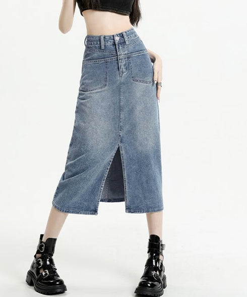 デニムスカート ロング フロントスリット Aラインスカート ハイウエスト 体型カバー ミモレ丈スカート カジュアル ジーンズ 春秋夏冬 ボトムス セミタイト 77MUSID-001