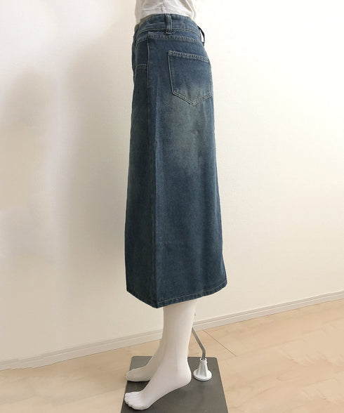 デニムスカート ロング フロントスリット Aラインスカート ハイウエスト 体型カバー ミモレ丈スカート カジュアル ジーンズ 春秋夏冬 ボトムス セミタイト 77MUSID-001