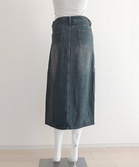 デニムスカート ロング フロントスリット Aラインスカート ハイウエスト 体型カバー ミモレ丈スカート カジュアル ジーンズ 春秋夏冬 ボトムス セミタイト 77MUSID-001