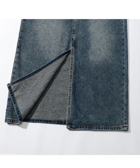 デニムスカート ロング フロントスリット Aラインスカート ハイウエスト 体型カバー ミモレ丈スカート カジュアル ジーンズ 春秋夏冬 ボトムス セミタイト 77MUSID-001