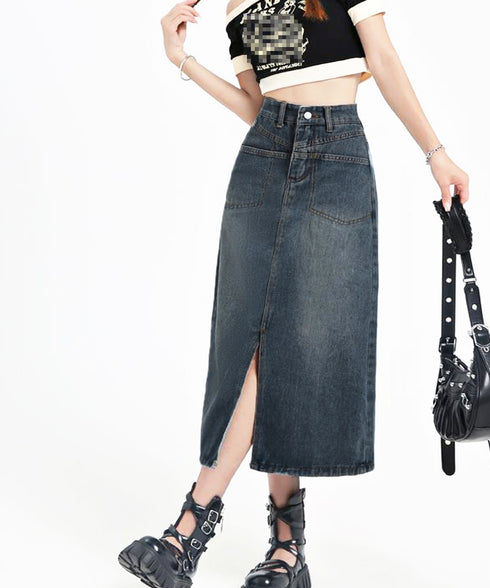 デニムスカート ロング フロントスリット Aラインスカート ハイウエスト 体型カバー ミモレ丈スカート カジュアル ジーンズ 春秋夏冬 ボトムス セミタイト 77MUSID-001