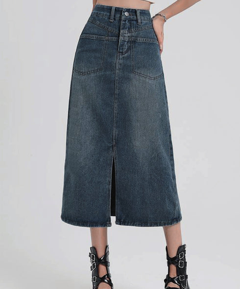 デニムスカート ロング フロントスリット Aラインスカート ハイウエスト 体型カバー ミモレ丈スカート カジュアル ジーンズ 春秋夏冬 ボトムス セミタイト 77MUSID-001