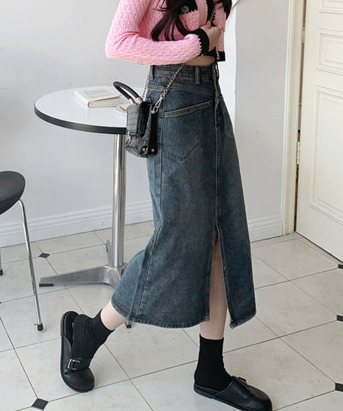 デニムスカート ロング フロントスリット Aラインスカート ハイウエスト 体型カバー ミモレ丈スカート カジュアル ジーンズ 春秋夏冬 ボトムス セミタイト 77MUSID-001