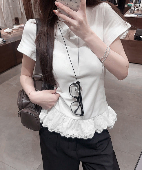 Tシャツ 裾レース切替 カットソー 夏服 レディース レースフリルトップス ラウンドネック プルオーバー ヘムレース レイヤード風 カジュアル 韓国風 お洒落夏t 77PENGF-001