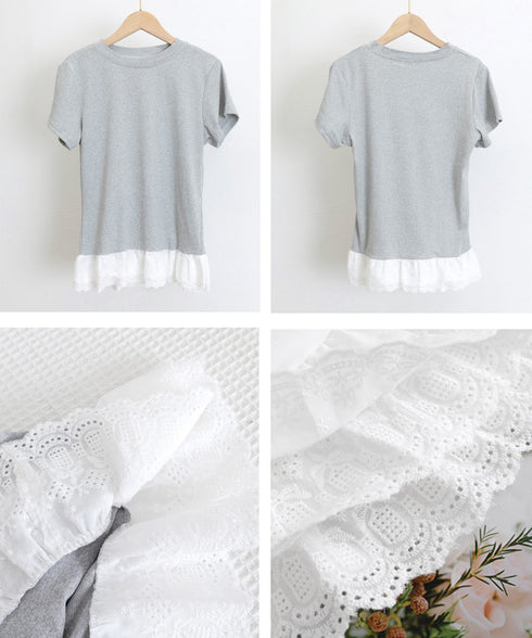 Tシャツ 裾レース切替 カットソー 夏服 レディース レースフリルトップス ラウンドネック プルオーバー ヘムレース レイヤード風 カジュアル 韓国風 お洒落夏t 77PENGF-001