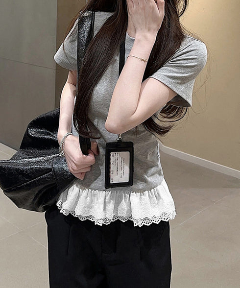 Tシャツ 裾レース切替 カットソー 夏服 レディース レースフリルトップス ラウンドネック プルオーバー ヘムレース レイヤード風 カジュアル 韓国風 お洒落夏t 77PENGF-001