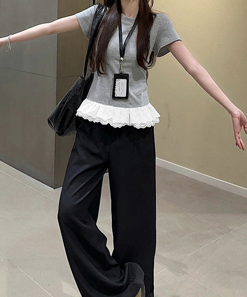Tシャツ 裾レース切替 カットソー 夏服 レディース レースフリルトップス ラウンドネック プルオーバー ヘムレース レイヤード風 カジュアル 韓国風 お洒落夏t 77PENGF-001