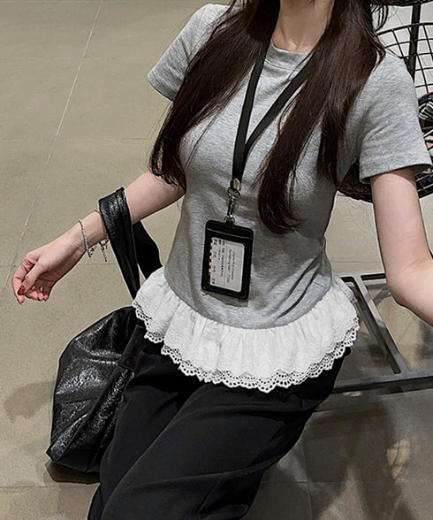 Tシャツ 裾レース切替 カットソー 夏服 レディース レースフリルトップス ラウンドネック プルオーバー ヘムレース レイヤード風 カジュアル 韓国風 お洒落夏t 77PENGF-001