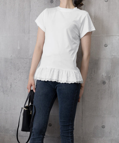 Tシャツ 裾レース切替 カットソー 夏服 レディース レースフリルトップス ラウンドネック プルオーバー ヘムレース レイヤード風 カジュアル 韓国風 お洒落夏t 77PENGF-001