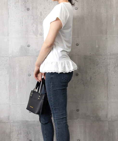 Tシャツ 裾レース切替 カットソー 夏服 レディース レースフリルトップス ラウンドネック プルオーバー ヘムレース レイヤード風 カジュアル 韓国風 お洒落夏t 77PENGF-001