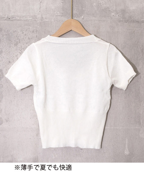 サマーニット Uネック クロップド丈夏服 レディースリブニット へそ出し ショート丈トップス 半袖 フィットニット シンプル 大人カジュアル プルオーバー 韓国風 77PHONGF-001