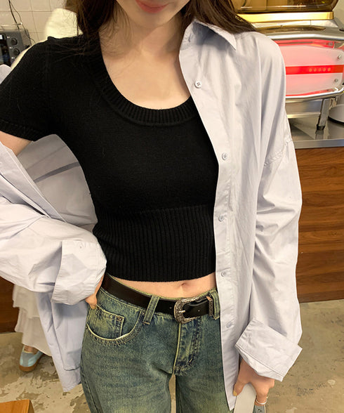 サマーニット Uネック クロップド丈夏服 レディースリブニット へそ出し ショート丈トップス 半袖 フィットニット シンプル 大人カジュアル プルオーバー 韓国風 77PHONGF-001