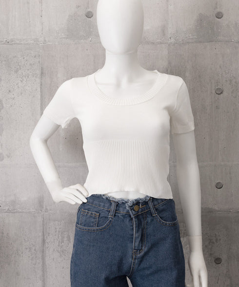 サマーニット Uネック クロップド丈夏服 レディースリブニット へそ出し ショート丈トップス 半袖 フィットニット シンプル 大人カジュアル プルオーバー 韓国風 77PHONGF-001