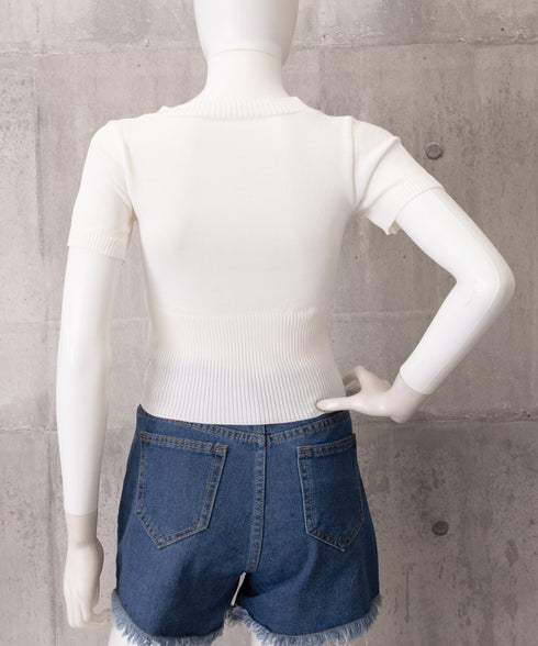 サマーニット Uネック クロップド丈夏服 レディースリブニット へそ出し ショート丈トップス 半袖 フィットニット シンプル 大人カジュアル プルオーバー 韓国風 77PHONGF-001