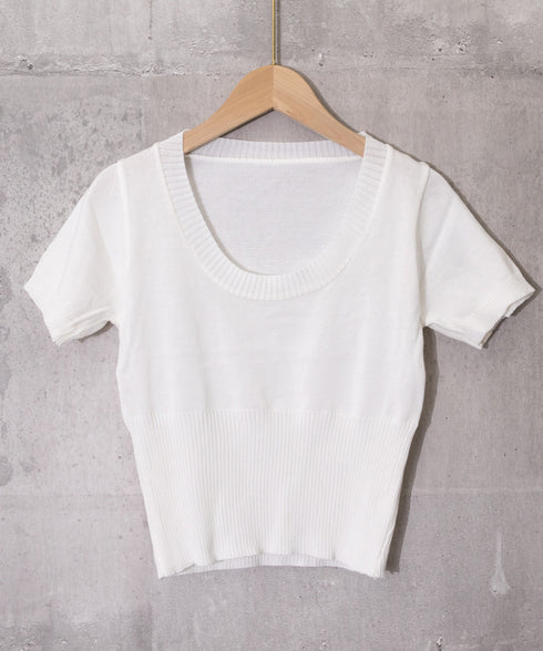 サマーニット Uネック クロップド丈夏服 レディースリブニット へそ出し ショート丈トップス 半袖 フィットニット シンプル 大人カジュアル プルオーバー 韓国風 77PHONGF-001
