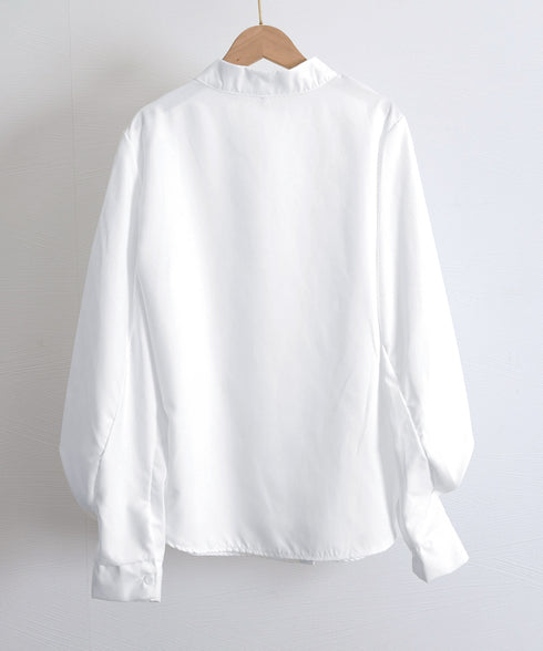 シャツブラウス 韓国風 長袖トップス スタンドカラーシャツ レディース ビジネスシャツ 大人女性 フロントボタン 通勤 OLコーデ ト 春秋夏 ゆったり 無地 77QYU-001