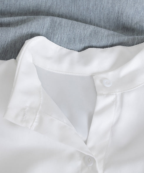 シャツブラウス 韓国風 長袖トップス スタンドカラーシャツ レディース ビジネスシャツ 大人女性 フロントボタン 通勤 OLコーデ ト 春秋夏 ゆったり 無地 77QYU-001