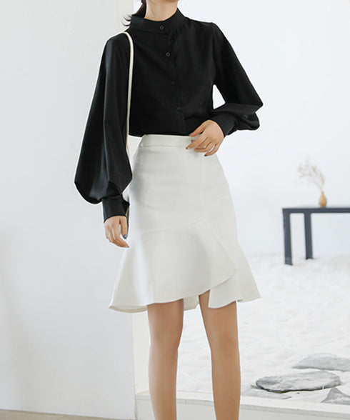 シャツブラウス 韓国風 長袖トップス スタンドカラーシャツ レディース ビジネスシャツ 大人女性 フロントボタン 通勤 OLコーデ ト 春秋夏 ゆったり 無地 77QYU-001