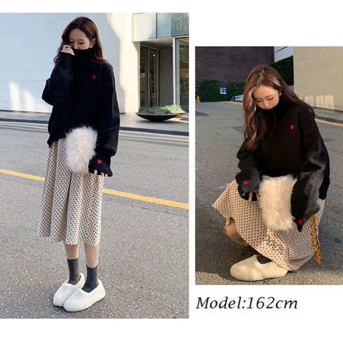 ニットセーター ハイネック ハート柄 トップス タートルネック 体型カバー 無地 韓国ファッション 秋冬 大人可愛い 77REZ-001