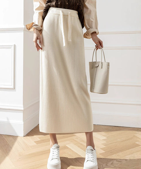 ロングスカート ミモレ丈 秋冬服 韓国風 レディースニットスカート 無地 オフィスカジュアル リブニット 伸縮性 着やせ ウエストゴム タイトスカート ベーシック 77RR-001