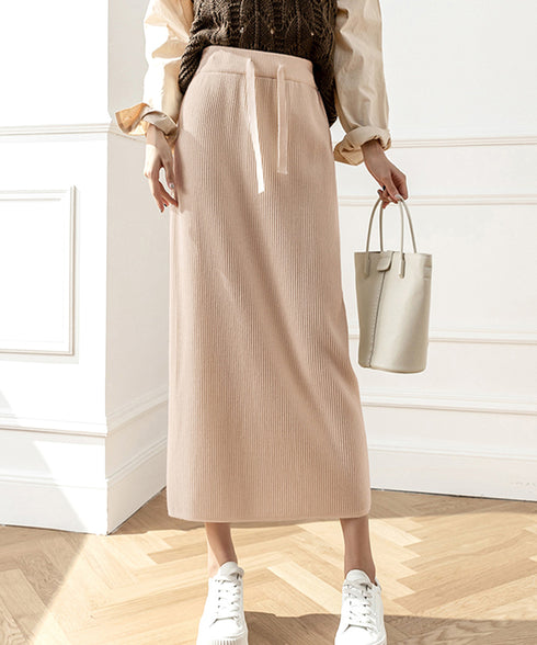 ロングスカート ミモレ丈 秋冬服 韓国風 レディースニットスカート 無地 オフィスカジュアル リブニット 伸縮性 着やせ ウエストゴム タイトスカート ベーシック 77RR-001