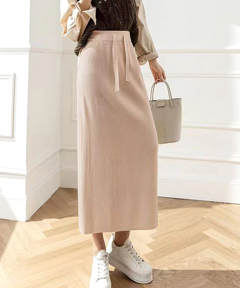ロングスカート ミモレ丈 秋冬服 韓国風 レディースニットスカート 無地 オフィスカジュアル リブニット 伸縮性 着やせ ウエストゴム タイトスカート ベーシック 77RR-001