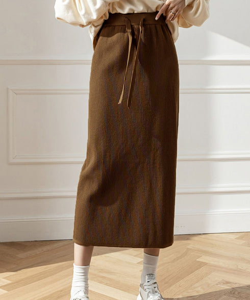 ロングスカート ミモレ丈 秋冬服 韓国風 レディースニットスカート 無地 オフィスカジュアル リブニット 伸縮性 着やせ ウエストゴム タイトスカート ベーシック 77RR-001